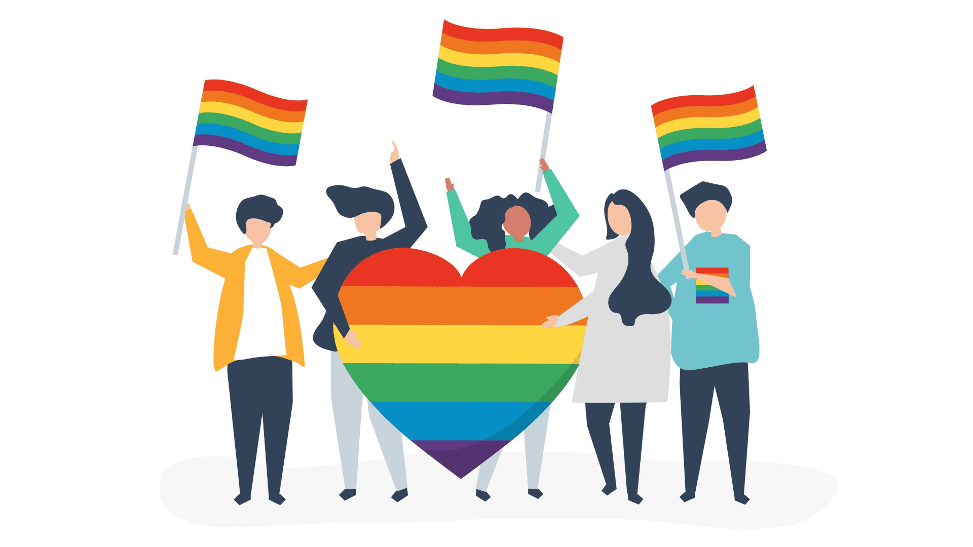 Animation of people holding rainbow coloured flags and a ranbow coloured heart in support of th LGBTQ community